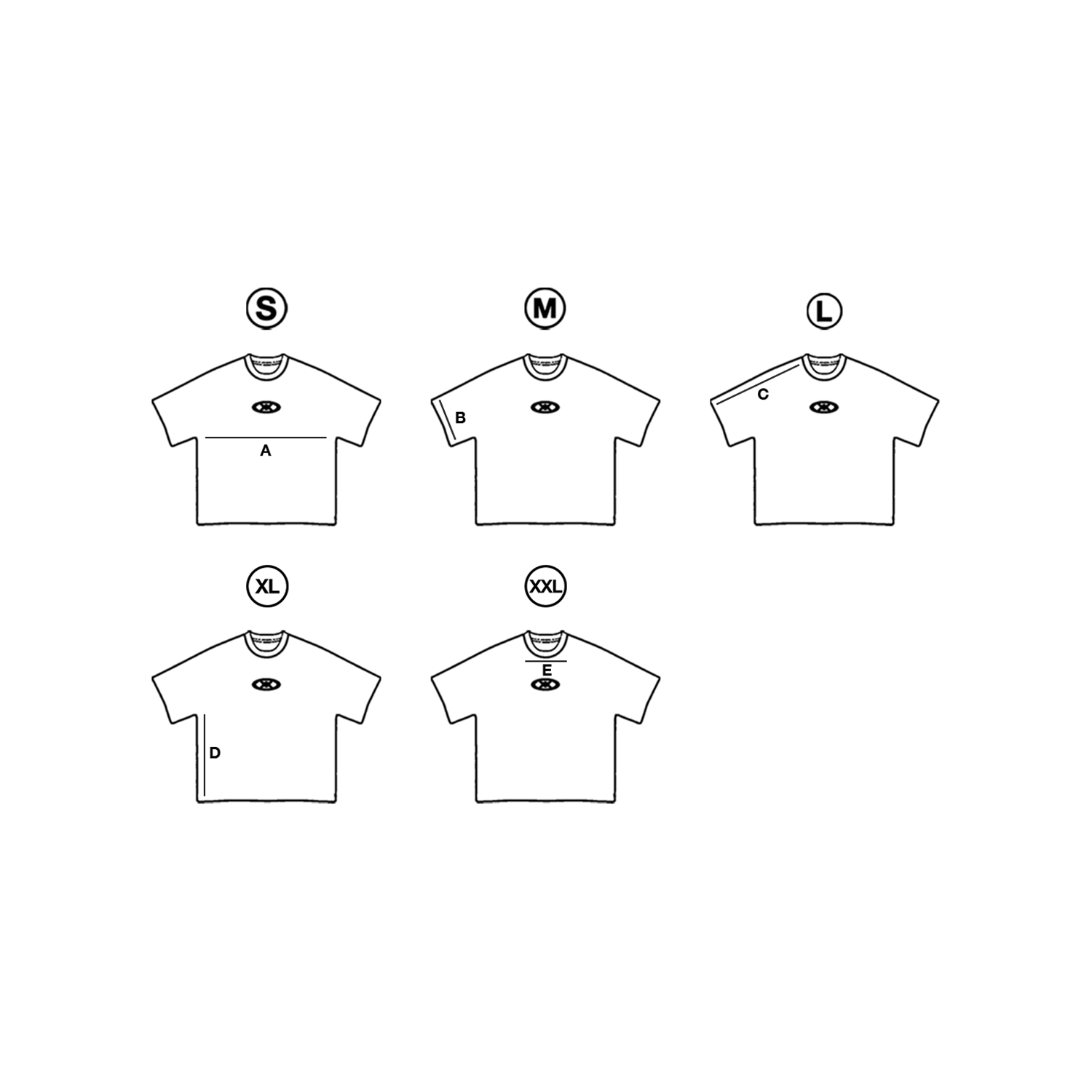 T-shirt measurement diagram for sizes small to XXL
